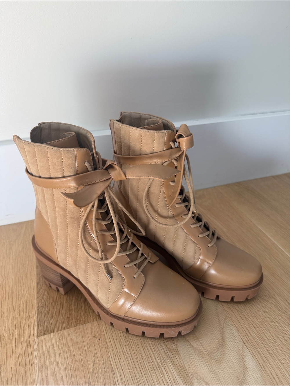 Alexandre Birman Tan Combat Lace-Up Block Heel Boots